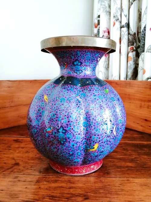 Paper Mache Vase,Brass inside Hand-painted,Kashmir, India