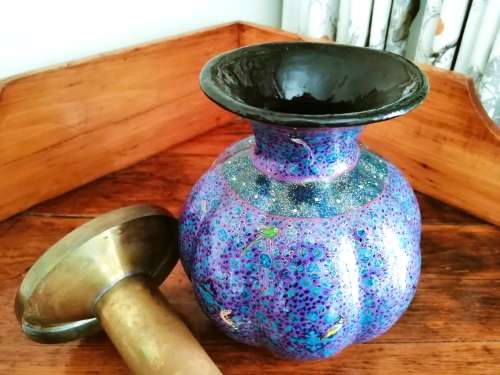 Paper Mache Vase,Brass inside Hand-painted,Kashmir, India