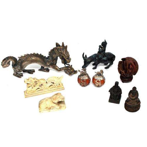 Group of Chinese wares bronze dragon, small brass Buddhas and more