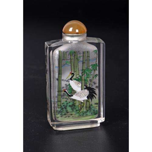 Chinese inside painted glass snuff bottle depicting storks