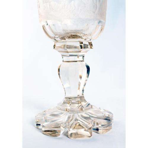 Excellent large Bohemian clear glass goblet engraved with a stags and deer within a forest scene