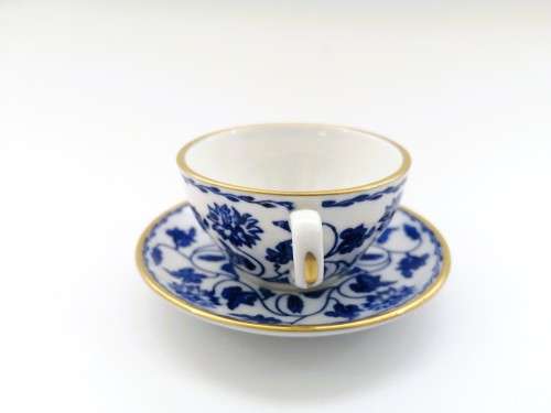 Spode Demitasse Cup and Saucer White with blue design and gold trim