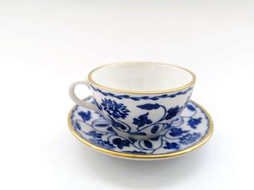 Spode Demitasse Cup and Saucer White with blue design and gold trim