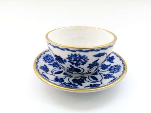 Spode Demitasse Cup and Saucer White with blue design and gold trim