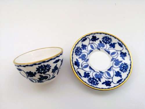 Spode Demitasse Cup and Saucer White with blue design and gold trim