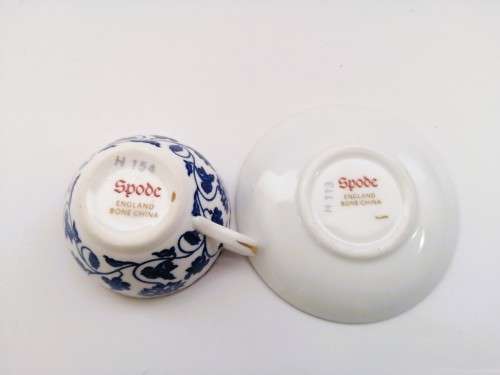 Spode Demitasse Cup and Saucer White with blue design and gold trim