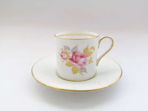 Aynsley Demitasse Cup and Saucer White with gold trim and pretty pink flowers