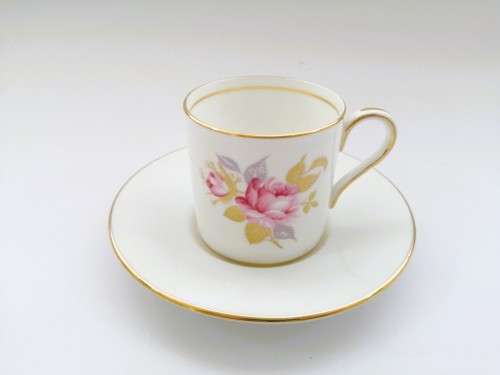 Aynsley Demitasse Cup and Saucer White with gold trim and pretty pink flowers