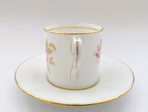 Aynsley Demitasse Cup and Saucer White with gold trim and pretty pink flowers