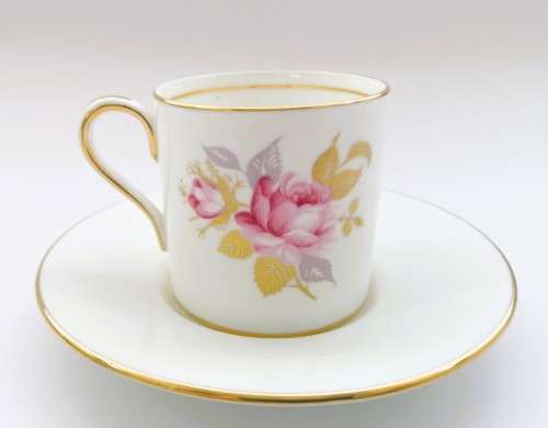 Aynsley Demitasse Cup and Saucer White with gold trim and pretty pink flowers