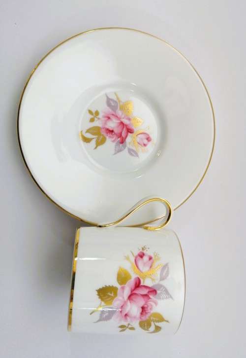 Aynsley Demitasse Cup and Saucer White with gold trim and pretty pink flowers