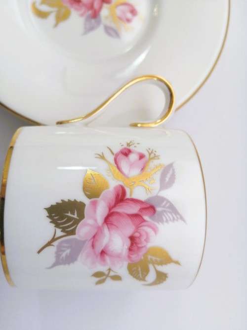 Aynsley Demitasse Cup and Saucer White with gold trim and pretty pink flowers