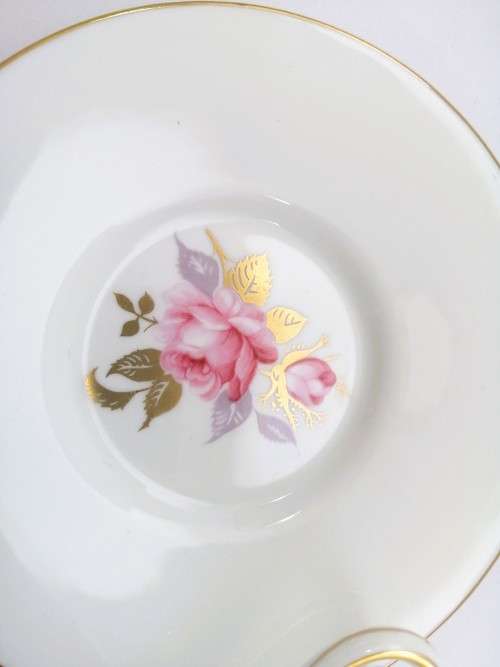 Aynsley Demitasse Cup and Saucer White with gold trim and pretty pink flowers
