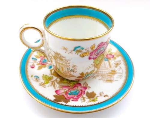 Stunning Demitasse Cup and Saucer Bisto mark White with gold and blue trim and prett