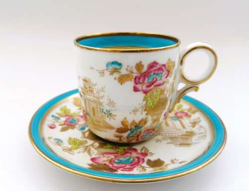 Stunning Demitasse Cup and Saucer Bisto mark White with gold and blue trim and prett