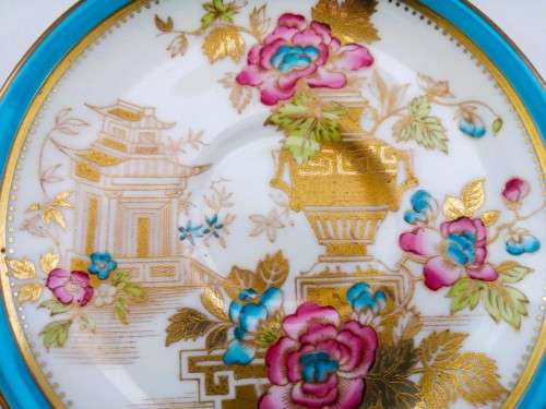 Stunning Demitasse Cup and Saucer Bisto mark White with gold and blue trim and prett