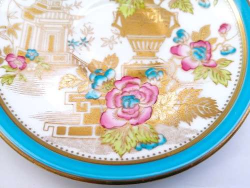 Stunning Demitasse Cup and Saucer Bisto mark White with gold and blue trim and prett