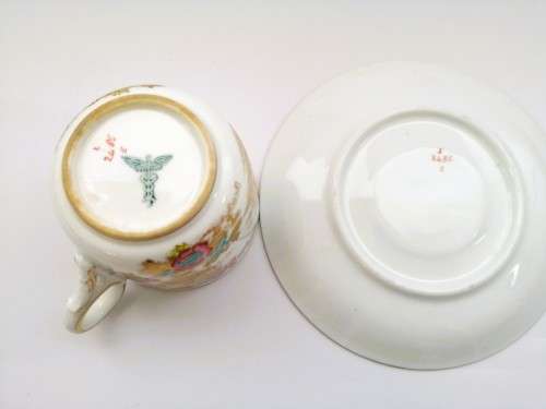 Stunning Demitasse Cup and Saucer Bisto mark White with gold and blue trim and prett