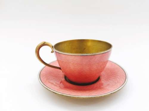 Germany Guilloche Pink Enamel Copper Tea Cup and Saucer