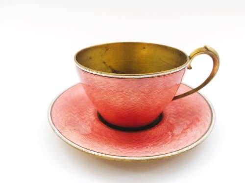 Germany Guilloche Pink Enamel Copper Tea Cup and Saucer