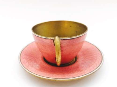 Germany Guilloche Pink Enamel Copper Tea Cup and Saucer