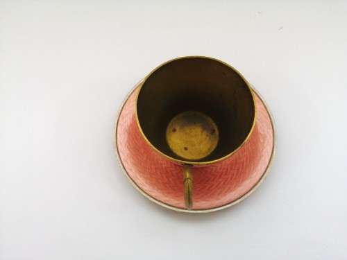 Germany Guilloche Pink Enamel Copper Tea Cup and Saucer