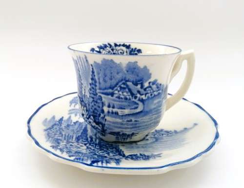 Myott Homeland blue white cup and saucer platter, transferware, 1930s