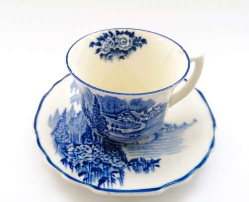 Myott Homeland blue white cup and saucer platter, transferware, 1930s
