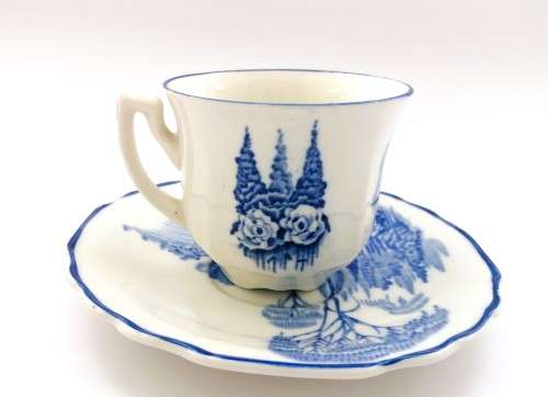 Myott Homeland blue white cup and saucer platter, transferware, 1930s