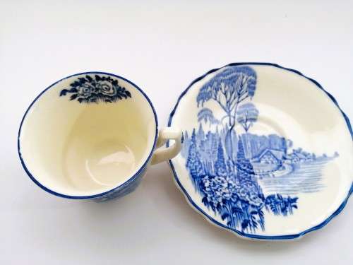 Myott Homeland blue white cup and saucer platter, transferware, 1930s