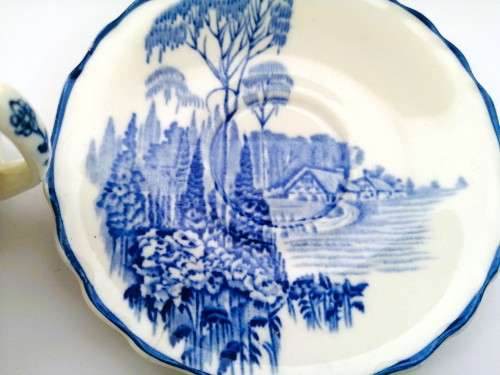 Myott Homeland blue white cup and saucer platter, transferware, 1930s