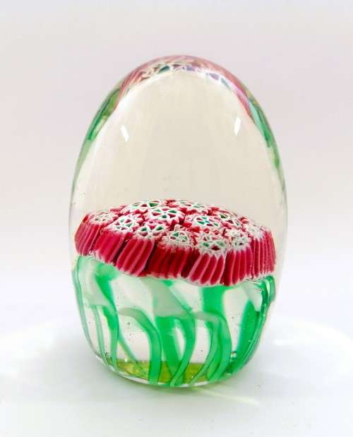 Stunning vibrant green and red Murano Millefiori glass paperweight signed