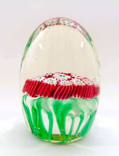 Stunning vibrant green and red Murano Millefiori glass paperweight signed