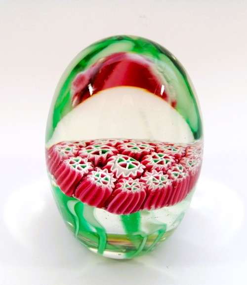 Stunning vibrant green and red Murano Millefiori glass paperweight signed