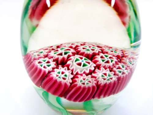 Stunning vibrant green and red Murano Millefiori glass paperweight signed
