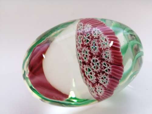 Stunning vibrant green and red Murano Millefiori glass paperweight signed