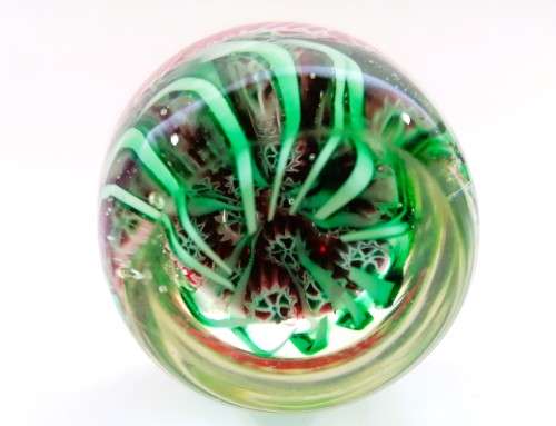 Stunning vibrant green and red Murano Millefiori glass paperweight signed