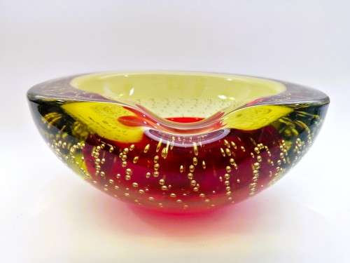 Murano Bullicante Sommerso Glass Bowl Red and Yellow