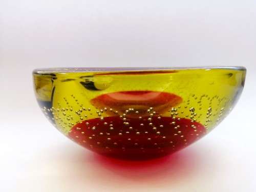 Murano Bullicante Sommerso Glass Bowl Red and Yellow