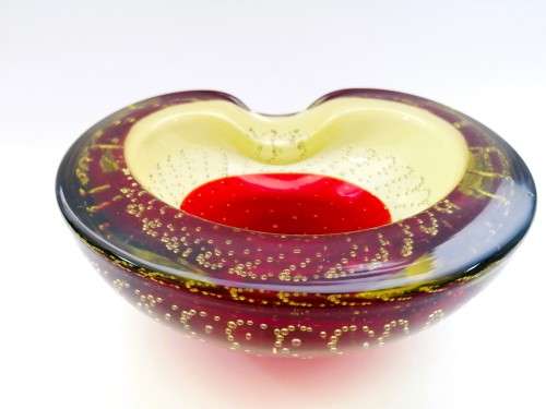 Murano Bullicante Sommerso Glass Bowl Red and Yellow