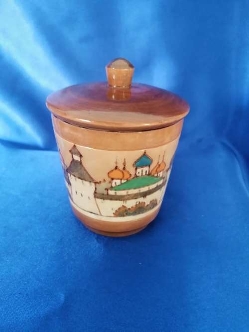 Vintage Carved Wood Round Trinket Box Made in Russia