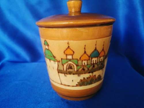 Vintage Carved Wood Round Trinket Box Made in Russia