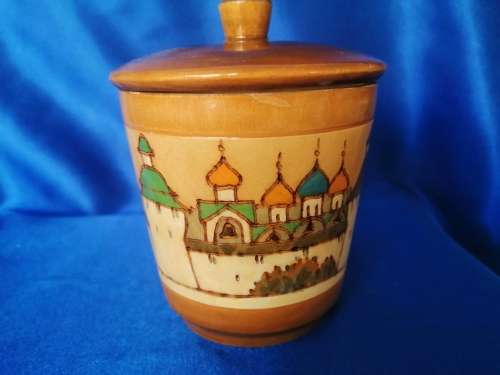 Vintage Carved Wood Round Trinket Box Made in Russia