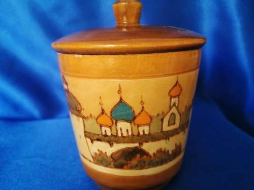 Vintage Carved Wood Round Trinket Box Made in Russia
