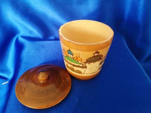Vintage Carved Wood Round Trinket Box Made in Russia