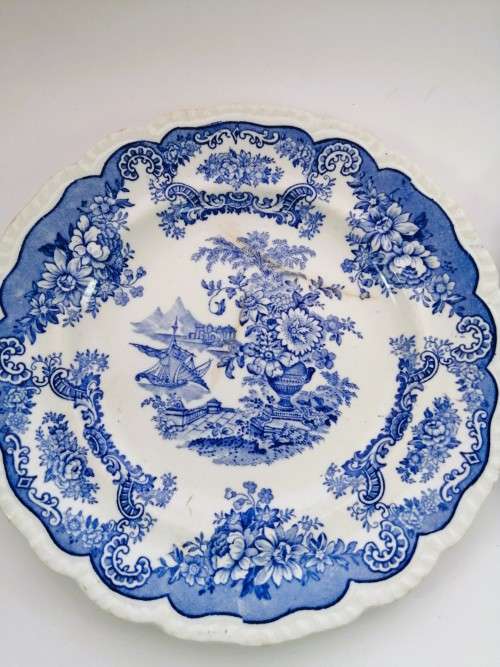 Antique John Maddock and Sons Royal Vitreous Bombay Blue Rimed Plates