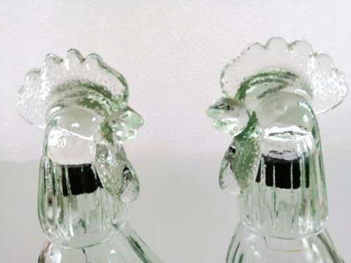 Pair of Vintage French Clear Glass Roosters 28oz Decanter - Liqueur Bottle - Figural Decanter