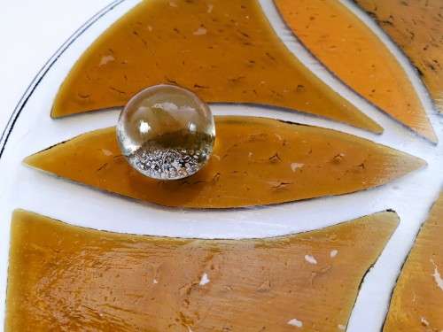 Large Round Amber and Clear Footed Glass Flower Cake Plate Platter