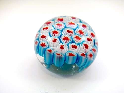 Hand Blown Millefiori Glass Paperweight in Blue, Red and White
