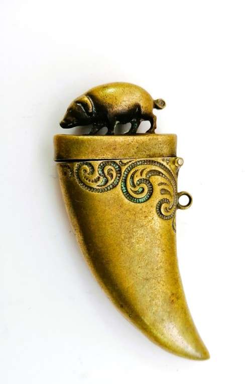 C.1890 Brass Vesta Case, or match case,chatelaine tusk shaped with a pig or boar on the lid #